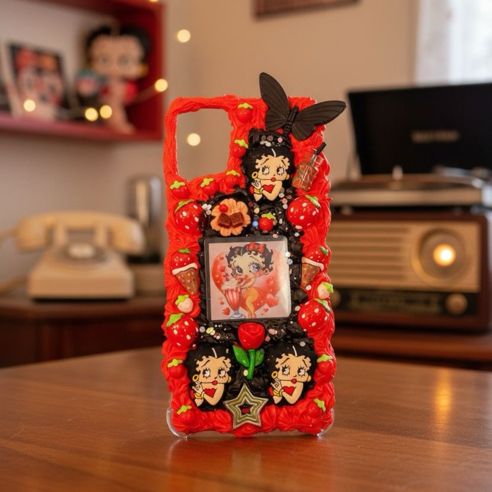 Handmade Red Decorative Betty Boop Phone Case - Fashionable Protective Cover - Picture 2 of 7